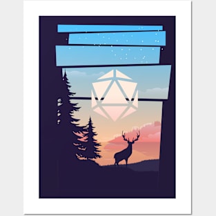 Forest Sunset Deers Polyhedral D20 Dice Sun RPG Landscape Posters and Art